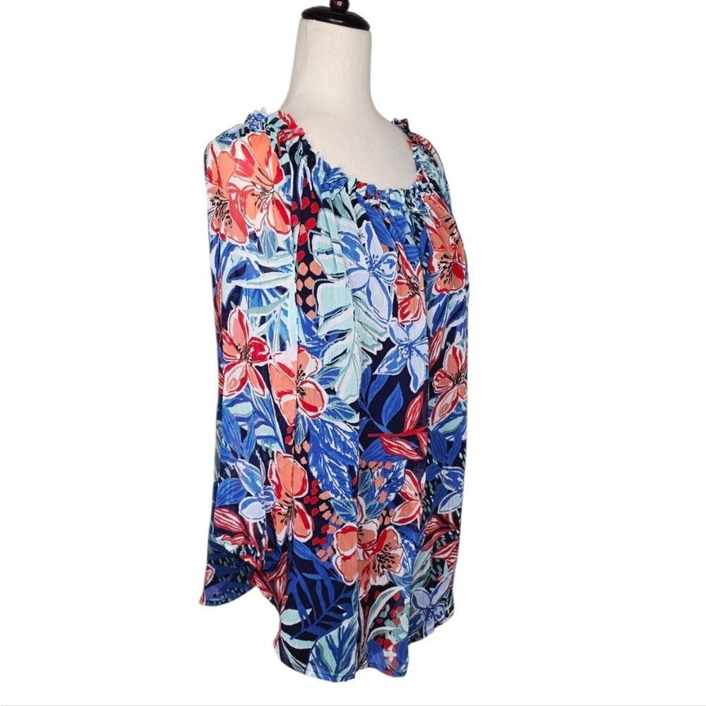Jones New York Multi Color Floral Printed Smocked-Neck Blouse Size LP - Picture 3 of 10